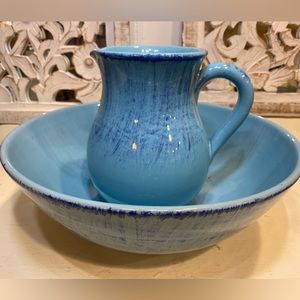 Gorgeous vintage turquoise terra cotta pitcher and bowl made in Italy.